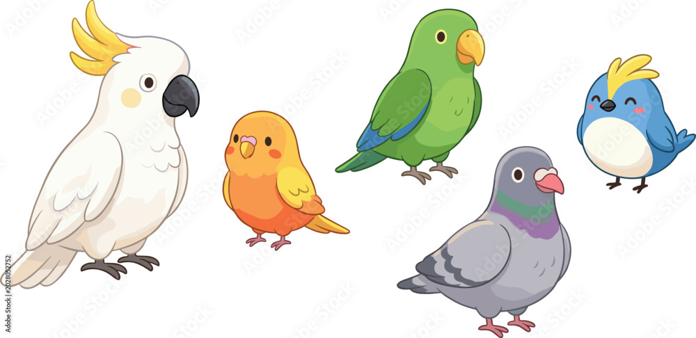 Fototapeta premium Cute Cartoon Pet Bird Vector Set Featuring Cockatoo, Parrot, Budgie, Pigeon, and Bluebird Characters for Children Educational Media Designs