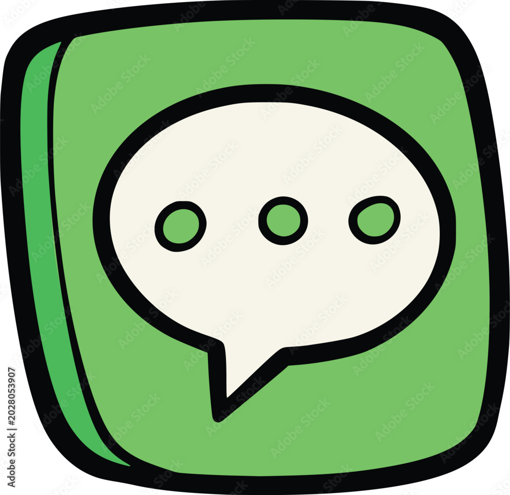 Naklejka premium Hand-drawn green chat app icon with white speech bubble and three dots, isolated on white, simple cartoon style for messaging and communication