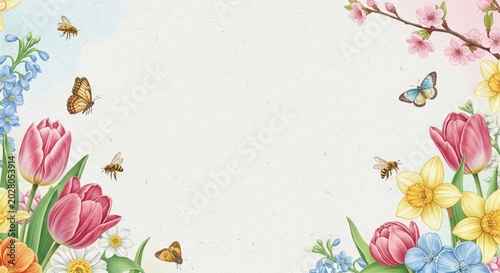 Floral Illustration with Tulips Daffodils and Bees on Beige