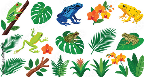 Quadro su tela Tropical Rainforest Nature Collection Featuring Colorful Frogs Exotic Leaves Jun