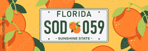 Car license plate concept. Florida USA vehicle registration number. Vector illustration. Flat style icon. Realistic design. Oranges and orange color background.