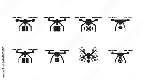 Unmanned aircraft and drone technology icon pack with remote aviation graphics isolated on white background