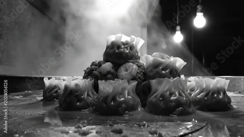 Black and white close up of steaming siu mai dumplings with knife in a commercial kitchen