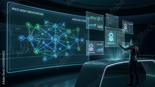 Visionary control of multi-agent AI systems A woman uses a holographic dashboard for advanced data orchestration in a futuristic command center environment