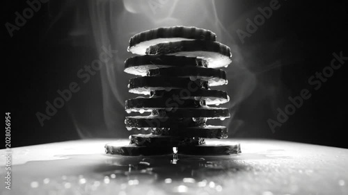 Black and white dramatic studio shot of a stack of fresh cucumber slices with steam