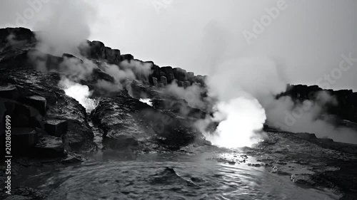 Black and white view of a geothermal area with boiling mud and erupting steam vents against a cloudy sky