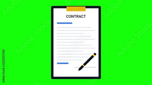 Animated contract document appearing on clipboard with pen signing agreement on green screen