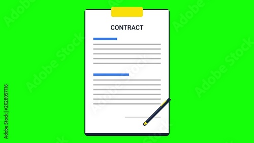 Contract signing animation, a digital pen signs a formal agreement document on a green screen background