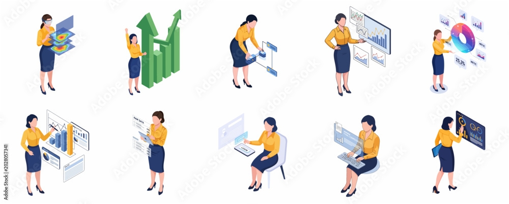 Fototapeta premium Isometric Businesswoman Character Set for Data Analysis, Technology, and Professional Presentation