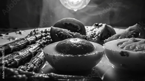 Black and white plate of asparagus, halved deviled eggs, and sliced tomatoes with steam and light