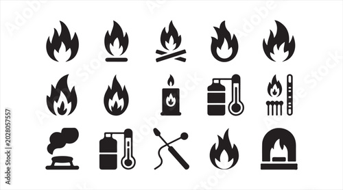Fire safety and campfire silhouette icons set featuring flames, extinguishers, and heat warning symbols
