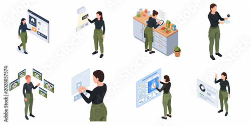 Set of isometric illustrations featuring a woman interacting with smart home automation systems, digital control panels, and futuristic holographic interfaces for a modern tech-driven lifestyle.
