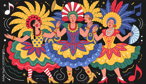 Photos Three women in vibrant carnival costumes dancing with feathered headpieces and musical notes in a festive illustration