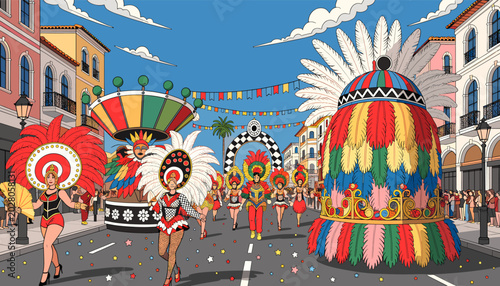 Billede på lærred A vibrant carnival parade with costumed dancers and colorful floats on a city street
