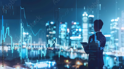 Financial analyst analyzing crypto market data on digital screens futuristic trading concept