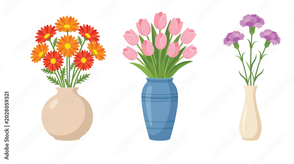 Obraz premium Three different colorful flower bouquets arranged in beautiful decorative vases displayed in a simple digital illustration