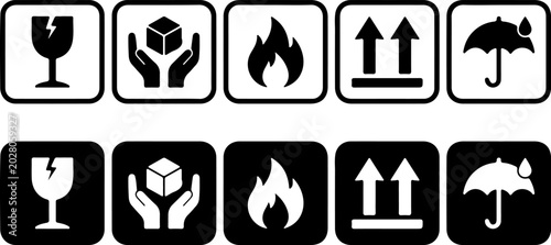 Photos Comprehensive collection of shipping and handling warning icons in both positive and negative versions, featuring fragile, care, fire, orientation, and dry symbols for logistics