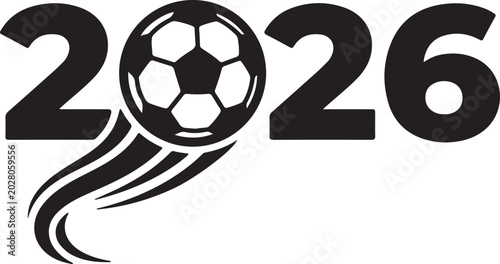 Tableau sur toile Dynamic 2026 soccer year design featuring a bold black typography with a stylized football and motion lines, perfect for sports event branding and tournament graphics