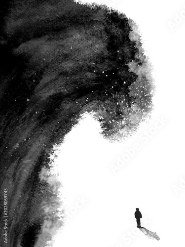 Foto abstract black ink watercolor painting black and white The man is facing wave of depression