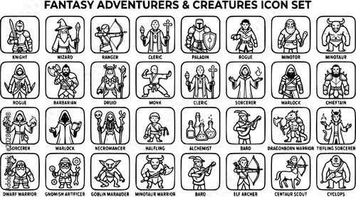 Foto Fantasy Adventurers  Creatures Icon Set - Black  White Line Art for Gaming and R
