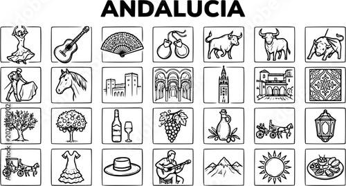 Fotografie Andalusia Travel Icons: Flamenco Dancer, Guitar, Bullfight, Architecture, Food,