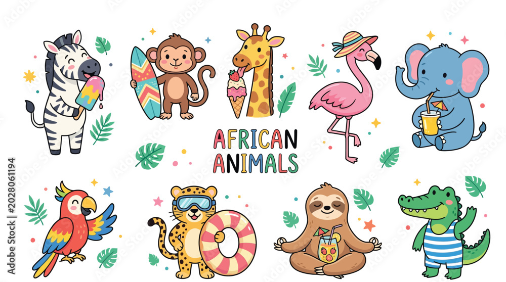 Fototapeta premium Cute cartoon collection of various african animals enjoying their summer vacation in a fun bright style