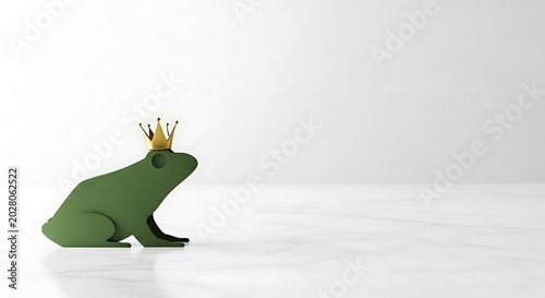 Minimalist Green Frog Prince with Golden Crown on White Marble Surface