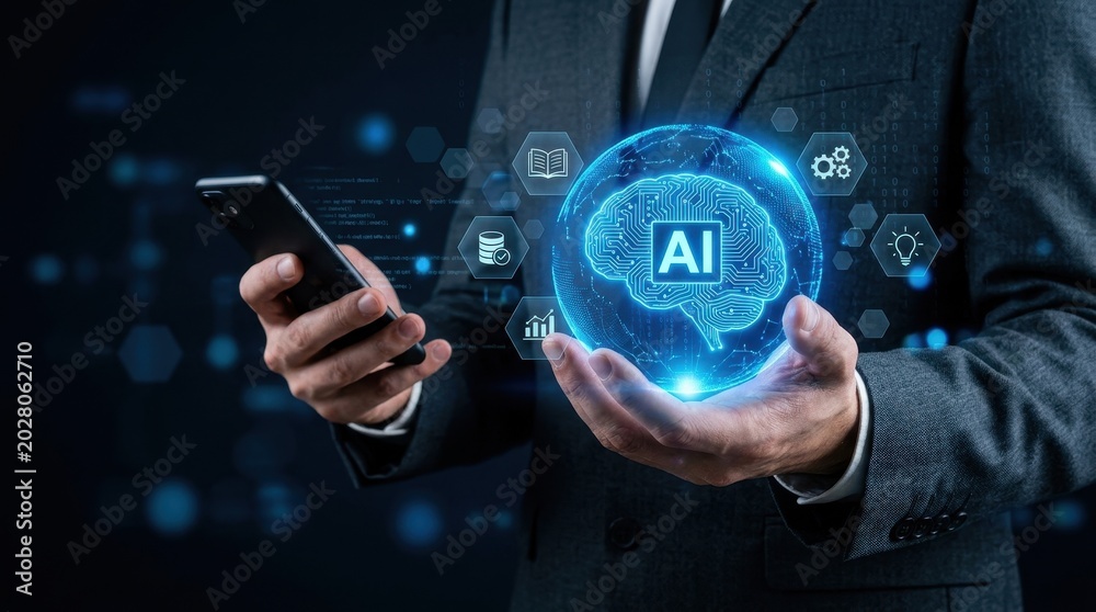 Fototapeta premium Business professional holding AI brain sphere with digital icons