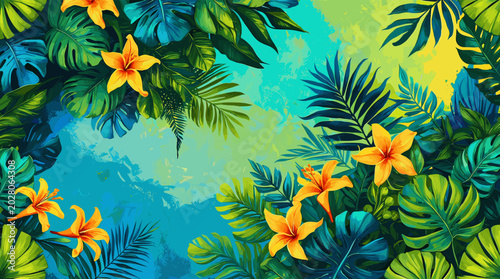 Foto Vibrant tropical foliage with bright yellow lilies and lush green leaves, set against a colorful abstract background