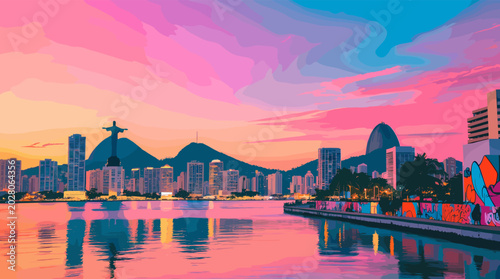 Fotografia Vibrant cityscape of Rio de Janeiro at sunset with Christ the Redeemer statue overlooking the bay and colorful graffiti art