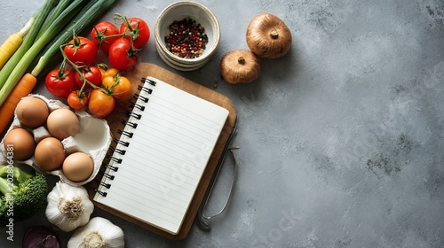 Keto menu planning notebook fresh ingredient clean surface minimal kitchen low carb concept
