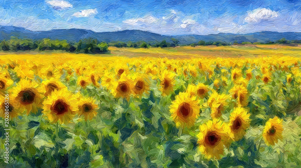 Obraz premium Sunflower field rendered in oil painting texture with painterly brushwork in a sunlit landscape