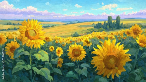 Sunflower Field in Oil Painting Texture: Painterly Landscape with Bright Yellow Blossoms