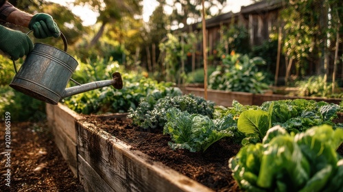 Sunlit backyard vegetable garden with raised beds, tomato vines, and leafy greens in warm morning light