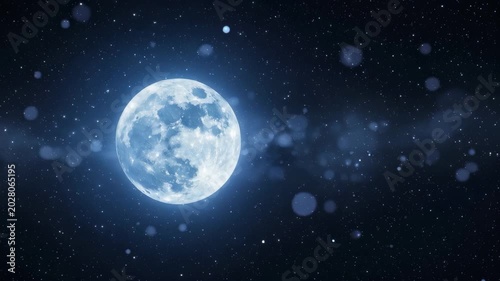 Full moon shining brightly in the dark night sky. Celestial satellite glowing amidst glistening stars. Astronomical observation of lunar body in deep outer space.