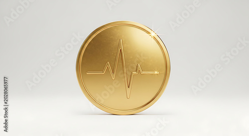 Golden coin with medical heart rate pulse line symbol 3D render
