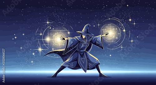 Fantasy wizard casting magic spell.