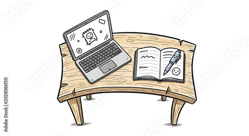 Hand drawn workspace with laptop and open notebook on wooden table