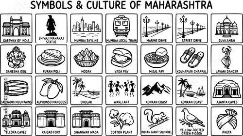 Bild auf Leinwand Black and White Line Art Doodle Icons: Maharashtra Culture Symbols
