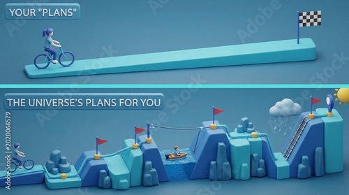 Conceptual 3D illustration of life journey and business planning, comparison of simple expectations versus complex reality, blue miniature landscape