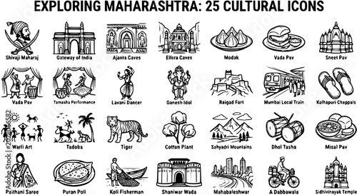 Foto Maharashtra Cultural Icons - Black  White Line Art Vector Set of 25 Indian Symbo