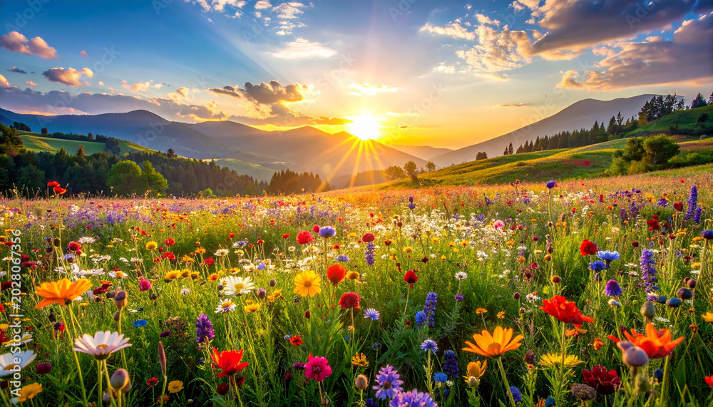 Obraz premium Beautiful summer mountain landscape with blooming wildflower meadow at sunset