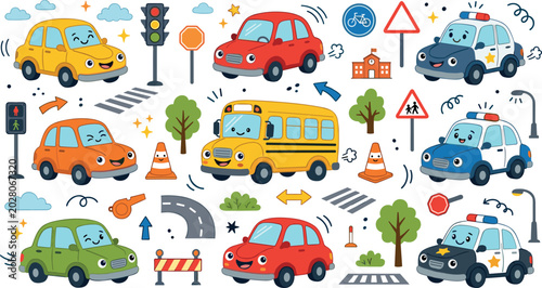 Cuadro en lienzo Cute kawaii city traffic vehicle character sticker set vector illustration with