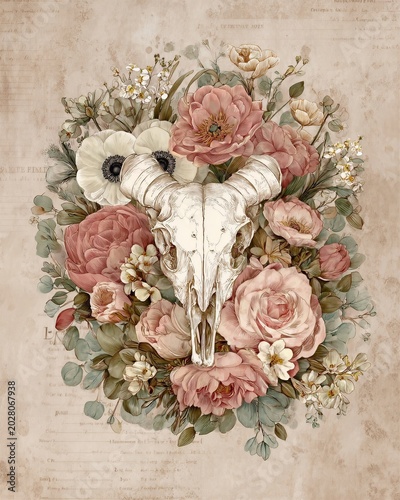 A detailed illustration of a ram skull surrounded by soft-toned roses, peonies, and leafy greenery on a vintage textured background.