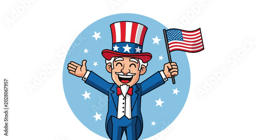 Foto Cartoon Uncle Sam Holding American Flag.