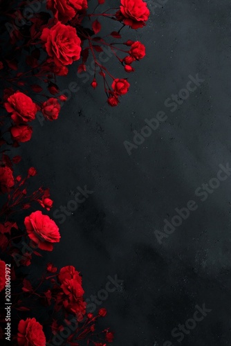 Vibrant red roses and buds arranged along a textured dark gray background, creating a striking floral contrast with ample empty space.