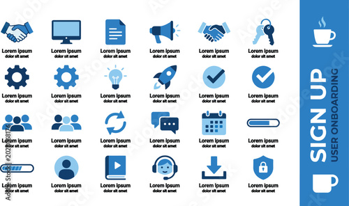 Schilderij op canvas collection of flat onboarding icons blue and white color scheme