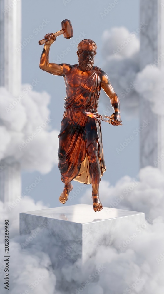 Fototapeta premium Celestial Molten Bronze Ember Glow Crystal Hephaestus God Of Forge Of Olympus Levitating Above Marble Pedestal