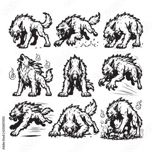 Ferocious Werewolf Monster Character Action Pose Set Illustration