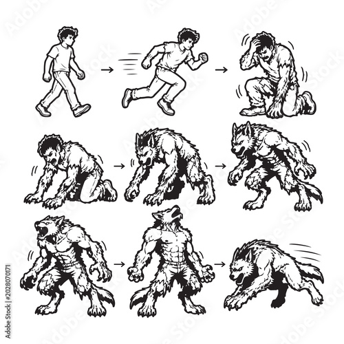 Werewolf Transformation Sequence Collection with Human to Beast Mutation Illustration